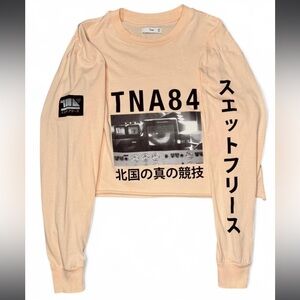 TNA Cropped long sleeve graphic shirt TNA84 cotton raw hem Size XS Like New!